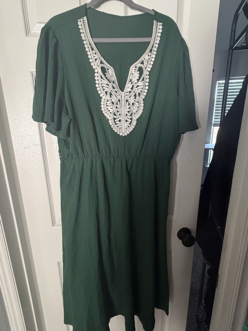 Forest Green Midi Dress with Lace V-Neck